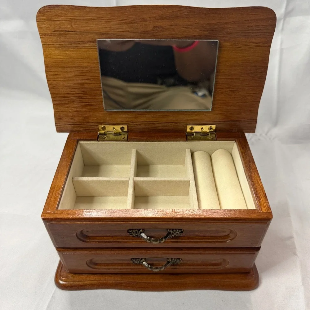 Vintage Wooden Jewelry Box with Mirror Ring Rolls and Drawer Brown Wood Finish